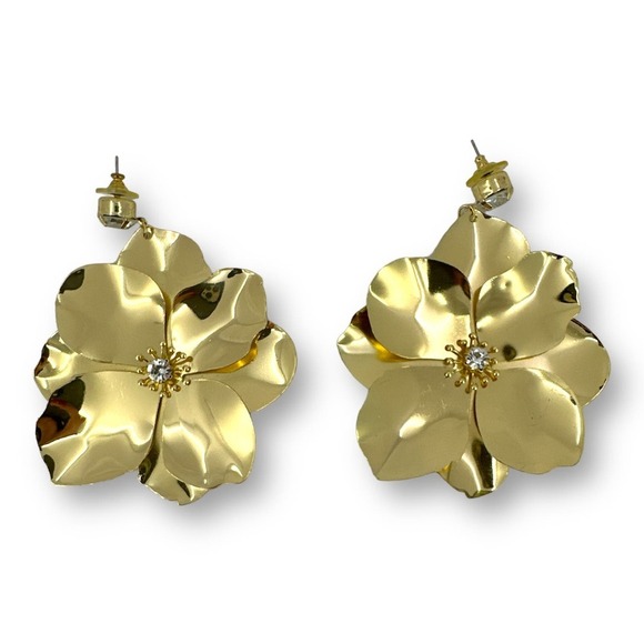 Chunky Large Flower Dangle Fashion Earrings Gold Plated Pierced - Picture 1 of 7